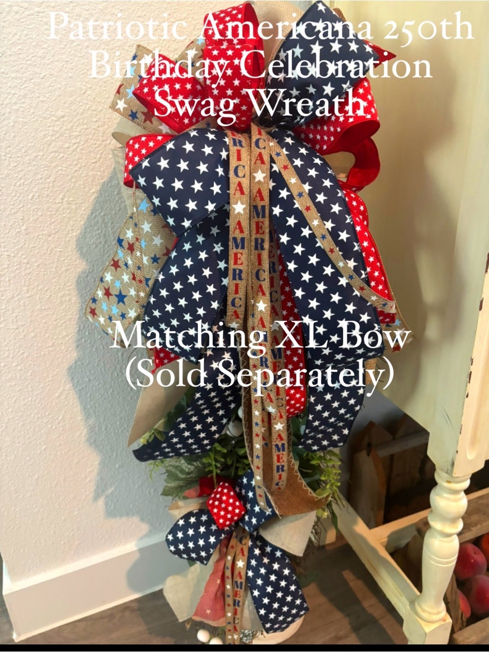 Patriotic Americana Swag Wreath in Red, Navy Final Sale Matching Bow Available